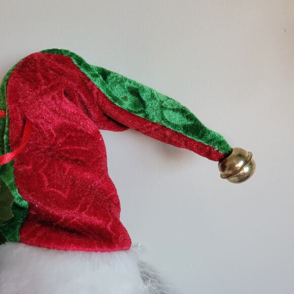 Vintage Lg Santa Face Ornament Velvet Cap Jingle Bell Greenery Door Wall Tree - Picture 9 of 13